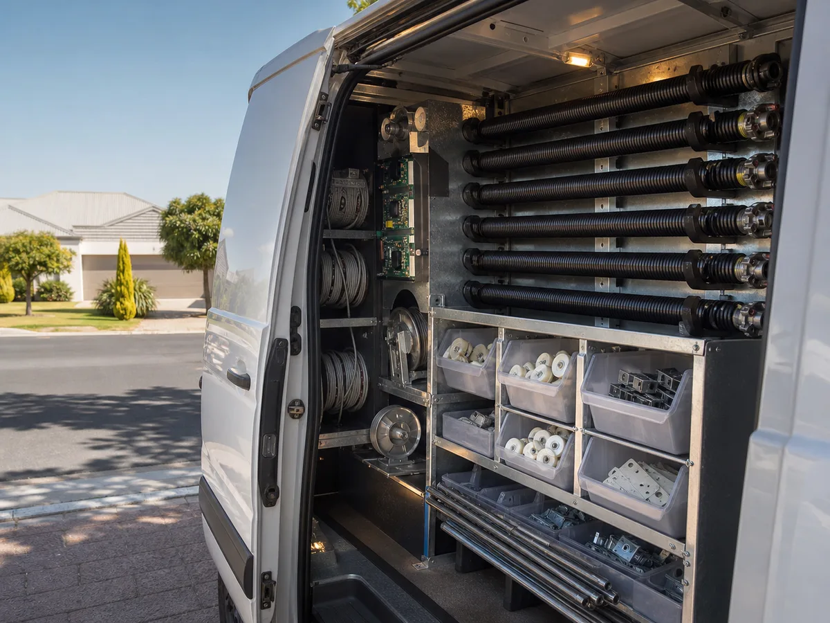 Organised interior of a garage door technician's van showing stocked parts