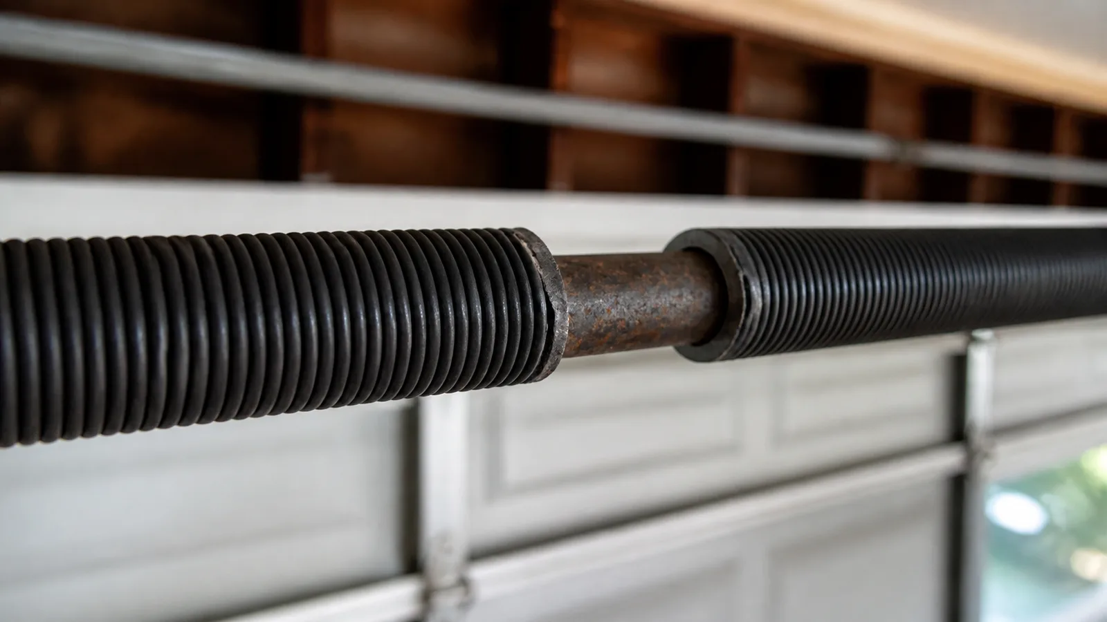 Tight detail of the break in a torsion spring above a garage door