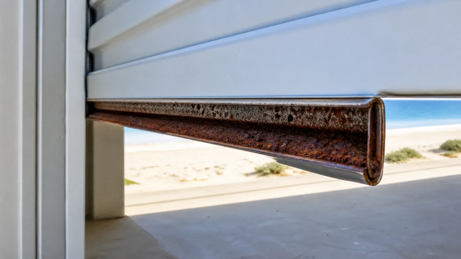 Corrosion working outward from inside the bottom rail profile of a beachside roller door