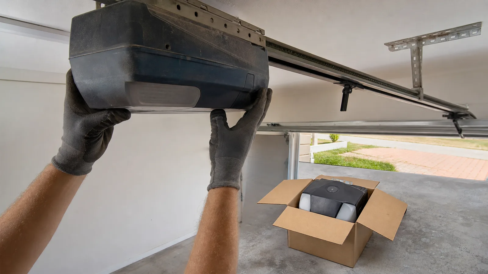 Old garage door motor unit being lifted off its ceiling rail during a replacement