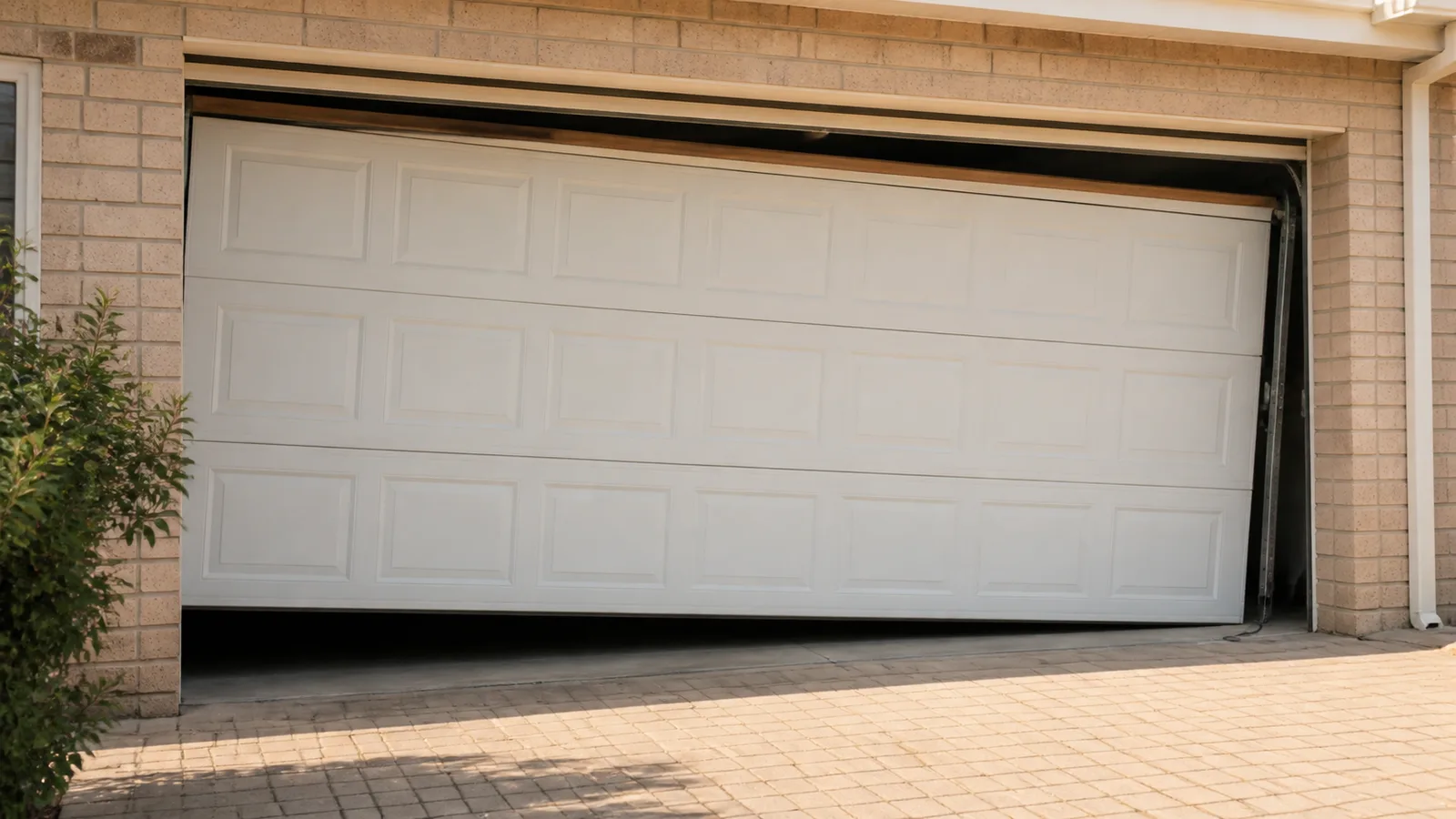 Sectional garage door sitting crooked in its opening with a roller out of the track