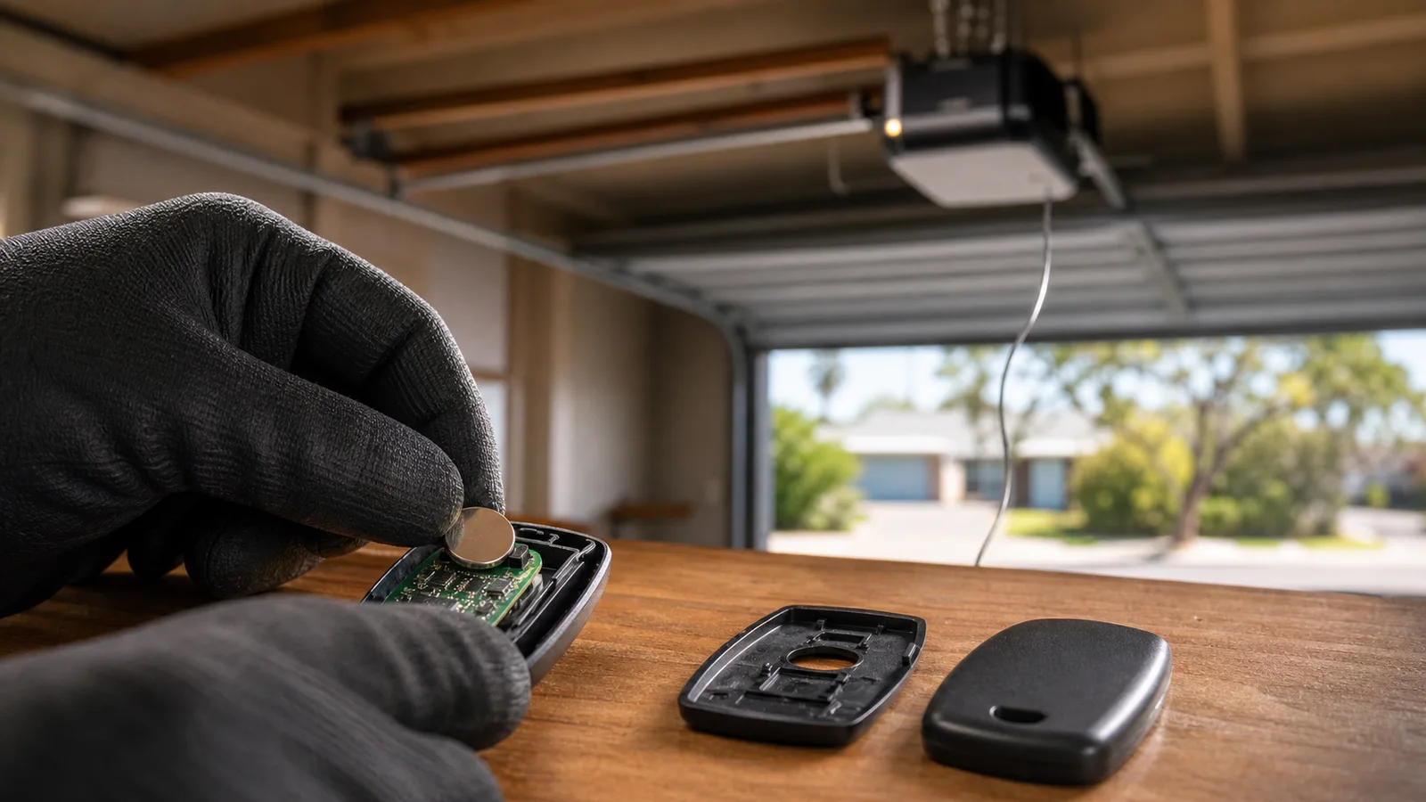 Garage door remote opened on a bench with the coin cell being replaced