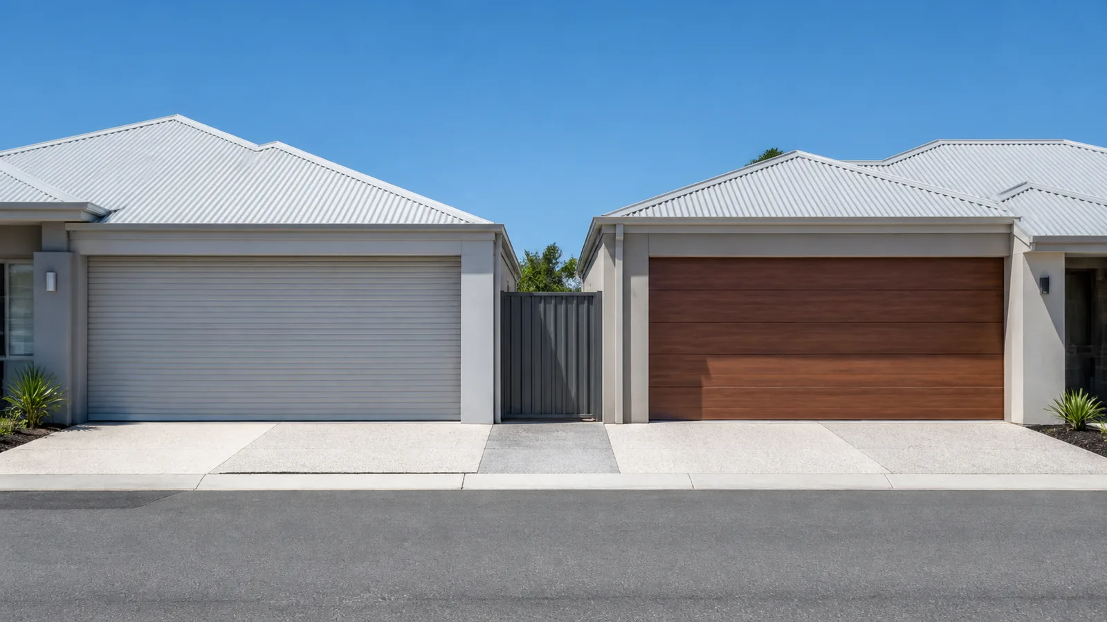 Two adjacent Perth homes, one with a roller door and one with a sectional door