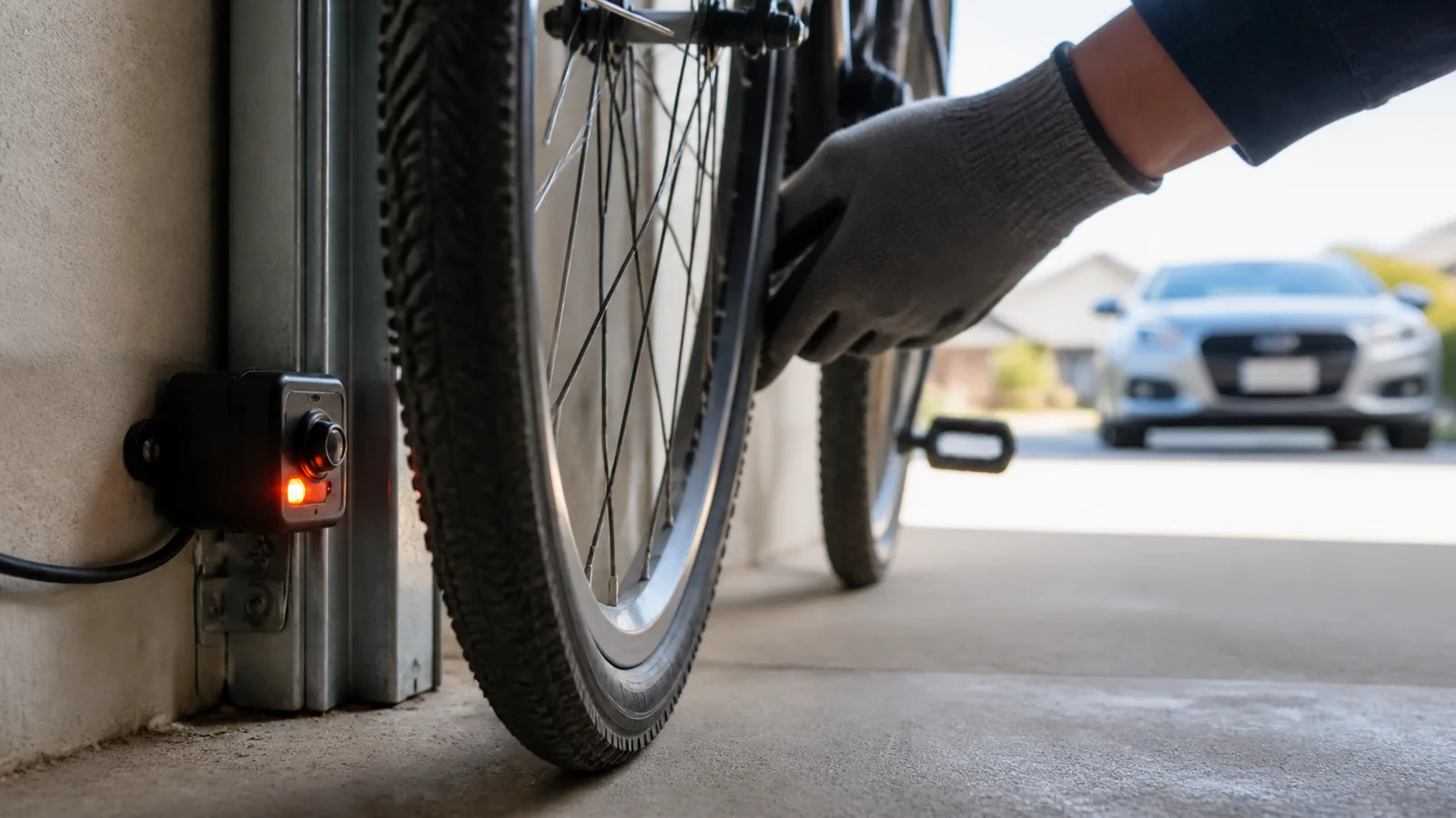 Photo-eye safety sensor at the base of a garage door opening, blocked by a bicycle wheel