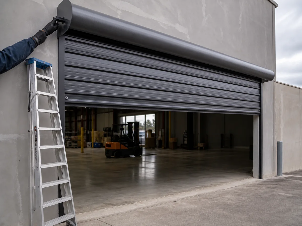 Industrial roller shutter half open on a Perth light-industrial unit, being serviced