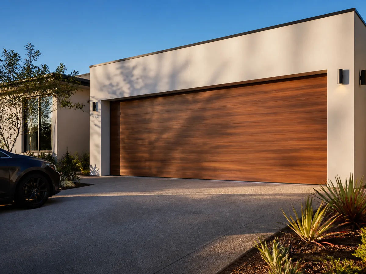Wide timber-look sectional garage door on a modern Perth riverside home