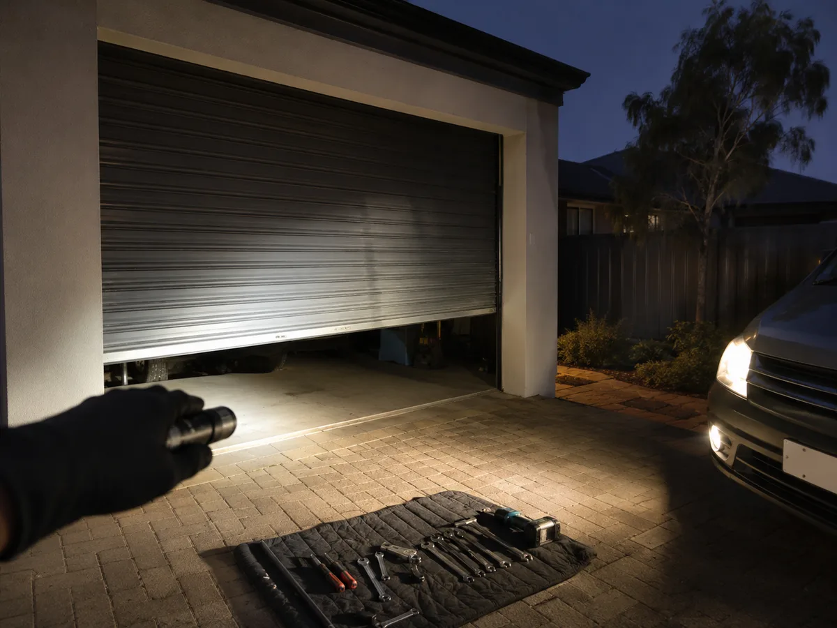 Garage door jammed part-open at night, lit by a technician's torch and van headlights