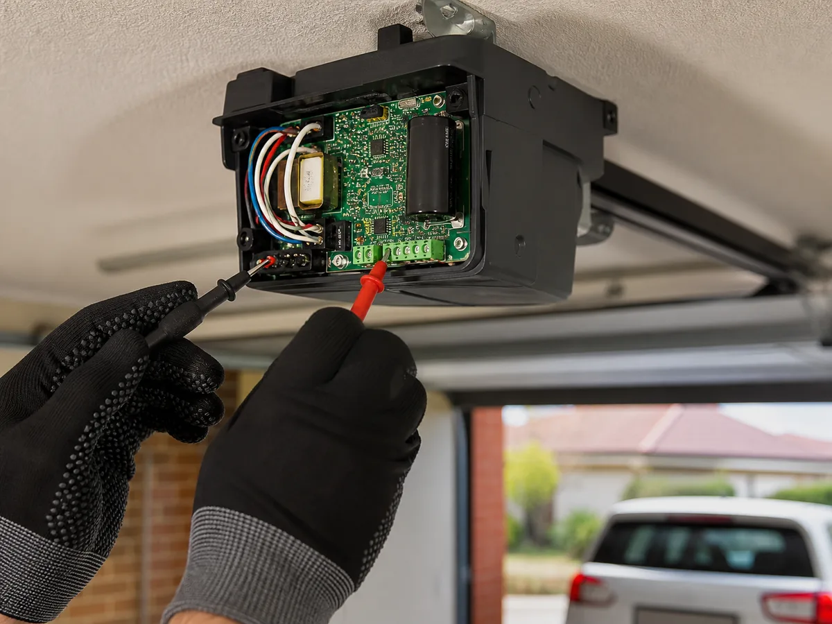 Control board of a garage door motor being tested with a multimeter