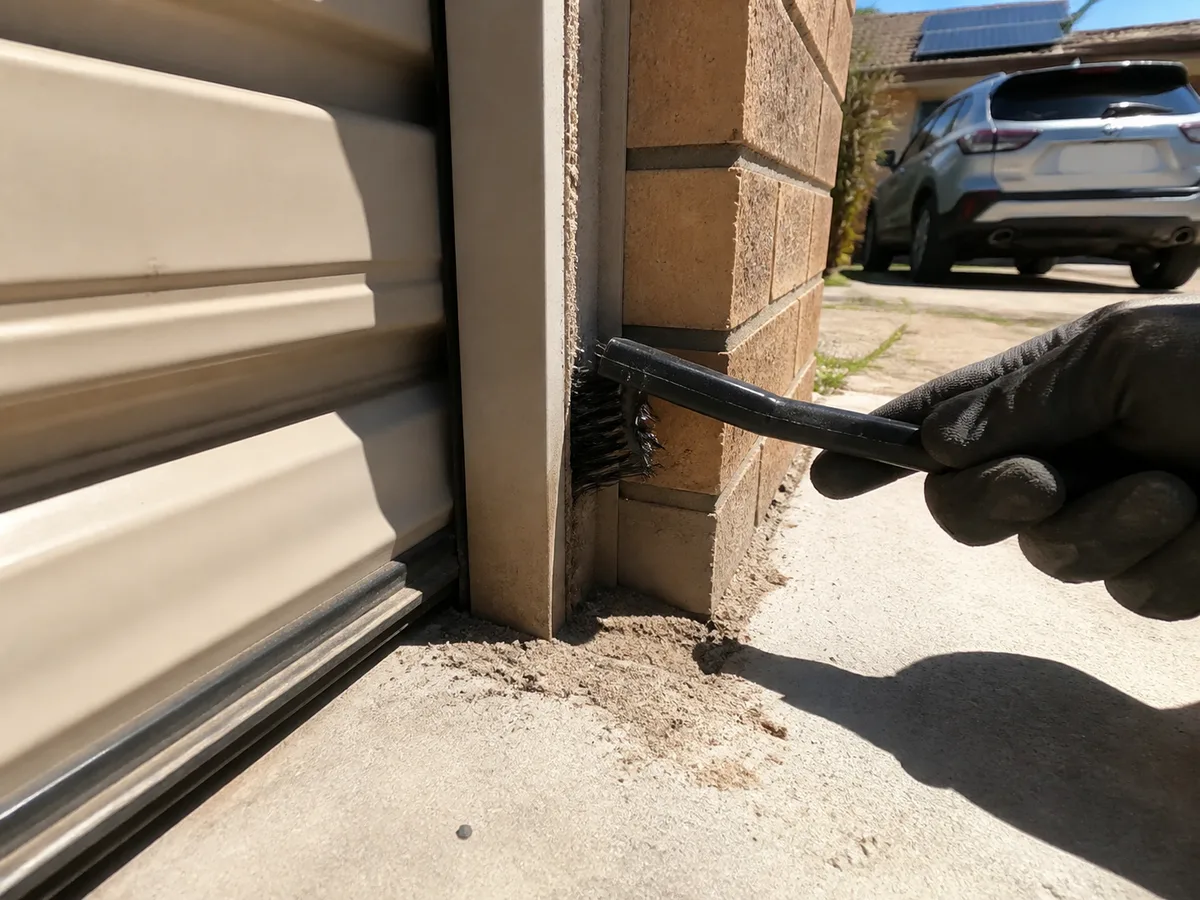Brushing packed sand and limestone dust out of a garage door side guide